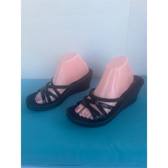 Skechers Black Cali Rumblers Social Butterfly Slide Wedge Comfort Sandals Sz 9 - Picture 1 of 11